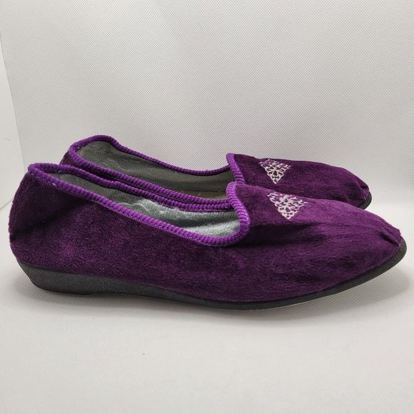 Foamtreads Purple Velvet Embroidered Slippers Vintage Hard Bottom Soft Shell - Picture 4 of 9